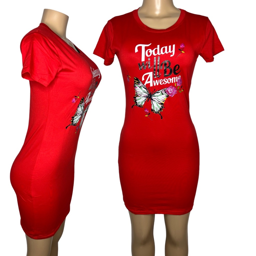 New True Size S Women Casual Dress Red Stretchy Short Sleeve Mini Sexy Dress